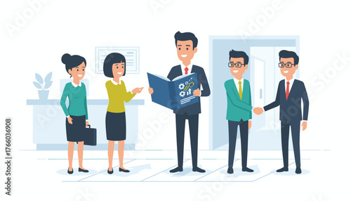Diverse team of professionals in a modern office setting, collaborating and discussing a manual or handbook, symbolizing onboarding, teamwork, and business growth with a handshake sealing a deal.