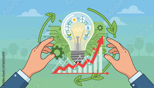 Innovative hands interact with a glowing light bulb symbolizing renewable energy solutions, featuring wind turbines, solar power, and water drops, set against a backdrop of growth charts and circuit