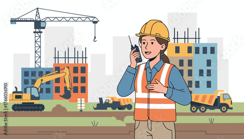 A female engineer wearing a yellow hard hat and an orange safety vest communicates using a walkie-talkie on a bustling construction site with cranes, excavators, dump trucks, and unfinished