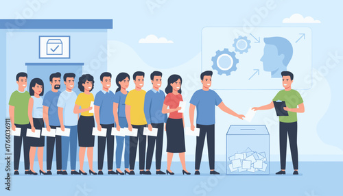 Diverse group of citizens patiently waiting in line to cast their votes at a polling station, symbolizing democratic participation and civic duty during an election campaign, with a ballot box and