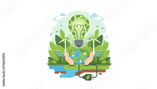 Vibrant illustration showcasing the concept of environmental technology and sustainable development, featuring a lightbulb filled with green leaves, hands holding the Earth, wind turbines, solar