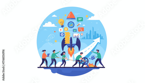 Vibrant illustration depicting a diverse team of entrepreneurs collaborating to launch a startup project, symbolized by a rocket ascending towards a cityscape, representing growth, innovation, and