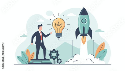 Innovative entrepreneur launching a new startup company with a bright idea represented by a glowing lightbulb, symbolizing creativity and business growth, while a rocket ascends into the sky