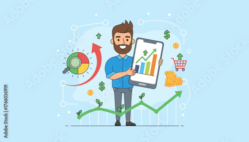 Bearded entrepreneur holding a smartphone displaying a vibrant bar chart with upward trending arrows, surrounded by financial growth elements like coins, a shopping cart, and a magnifying glass over