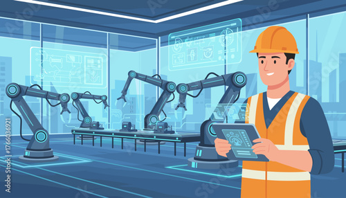 A smiling engineer wearing a hard hat and safety vest holds a tablet, overseeing a futuristic automated factory floor with robotic arms and holographic displays, symbolizing advanced manufacturing