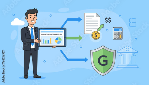 Businessman presenting online income tax return on tablet, showing financial growth, security shield, calculator, and bank building, symbolizing secure and efficient tax filing for individuals and