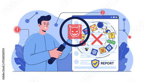 Man with Magnifying Glass Investigating Fake News and False Information Spreading on Social Media, Digital Report with Warning Signs and Red Cross Symbol, Cybersecurity Concept Illustration