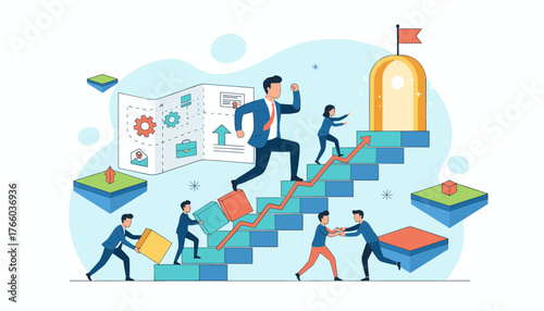 Flat-style illustration depicting a diverse team of business professionals collaborating to build a staircase, symbolizing teamwork, progress, and achieving goals, with a leader running towards a