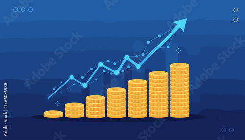 Vibrant financial stock market graph with an upward trending arrow and stacks of golden coins, symbolizing economic growth, investment success, and profitable financial planning against a deep blue