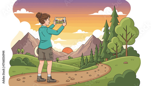 A young woman with her hair in a bun, dressed in outdoor attire, stands on a winding dirt path and captures a breathtaking sunset landscape with her smartphone, showcasing rolling green hills