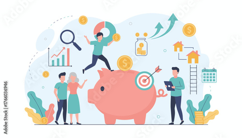 Vibrant illustration depicting financial planning and investment growth strategy, featuring a piggy bank, coins, charts, people analyzing data, and houses, symbolizing wealth accumulation and future