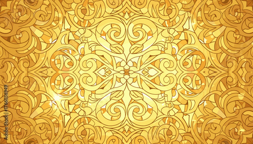 Luxurious Golden Mosaic Glass Background with Intricate Swirls and Floral Motifs, Shimmering Light Effects, Elegant Decorative Pattern, Rich Opulent Texture, Ideal for Luxury Brands and Festive