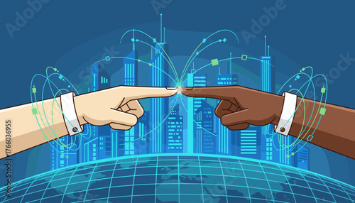 Two diverse hands, one light-skinned and one dark-skinned, touching fingertips against a backdrop of a futuristic cityscape and a glowing Earth grid, symbolizing global network connections, data