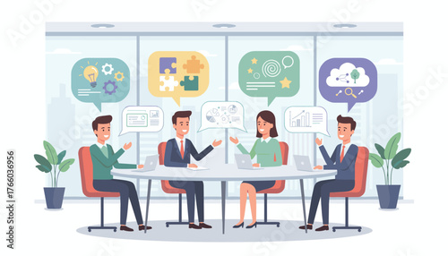 Diverse group of professionals collaborating around a conference table, sharing ideas and insights through visual speech bubbles representing innovation, teamwork, data analysis, and strategic