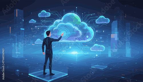 Futuristic businessman interacting with a glowing digital cloud interface, surrounded by abstract data streams and futuristic cityscapes, representing advanced technology and cloud computing concepts