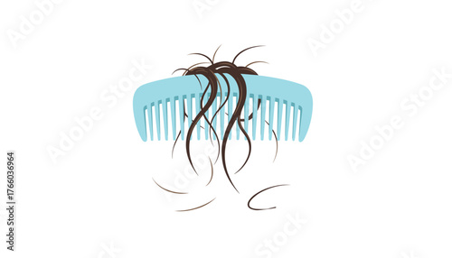Close-up illustration of a light blue comb with several strands of dark brown hair tangled in its teeth, symbolizing hair loss, set against a clean white background, representing a common health and
