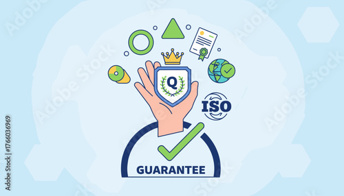 Illustration of a hand holding a shield with a crown and the letter Q, symbolizing top service quality and guarantee, surrounded by icons representing ISO certification, global reach, and business
