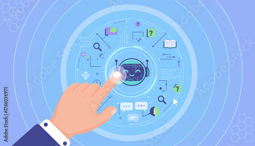 A human hand with a suit sleeve touches a friendly digital chatbot interface, surrounded by icons representing information, questions, and communication, on a futuristic blue background with