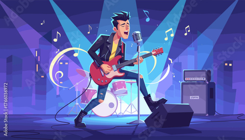 Dynamic illustration of a male rock guitarist and vocalist performing live on stage, bathed in vibrant blue and purple spotlights, with a cityscape silhouette in the background, capturing the energy