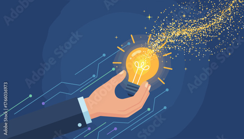 A businessman's hand holds a glowing, illuminated light bulb, symbolizing a bright idea or innovation, with golden sparkles and digital circuit lines emanating from it against a deep blue background