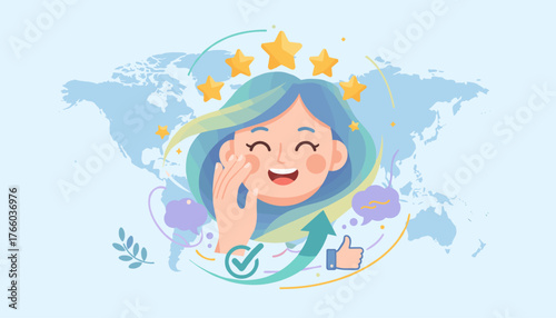 Vivid illustration of a happy, smiling woman with blue hair, touching her cheek, surrounded by stars and positive feedback symbols like checkmarks and thumbs up, set against a world map backdrop