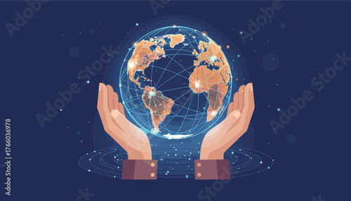 Two cupped hands gently cradle a glowing, interconnected digital sphere representing the Earth, symbolizing global connectivity, technology, and the future of communication in a dark, starry expanse