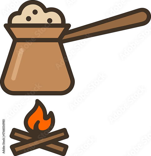 Simple illustration of a cezve over a campfire for preparing coffee
