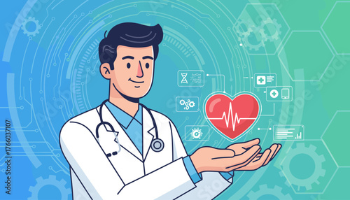 A smiling male doctor in a white coat and stethoscope holds a vibrant red heart with a cardiogram in his outstretched hands, surrounded by futuristic medical technology icons and circuit board
