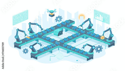 Futuristic automated factory assembly line with robotic arms, drones, and AI brain interface, showcasing modern industrial manufacturing processes and mass production in a high-tech city skyline