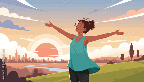 A joyful mixed-race woman with her arms outstretched, embracing the fresh air and serene beauty of a sunrise over a city skyline, symbolizing freedom, peace, and a new beginning.