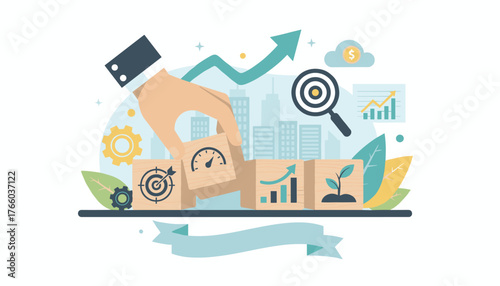 Conceptual illustration of OKR (Objectives and Key Results) methodology, with a hand placing a wooden block representing performance metrics, symbolizing business growth, strategic planning, and