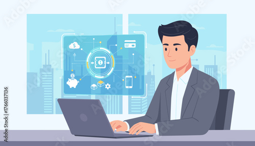 Modern businessman working on a laptop in an office with a futuristic digital interface displaying financial icons like piggy bank, credit card, and cloud storage, symbolizing open banking and