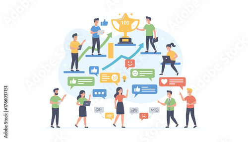 Diverse group of people actively engaged in a collaborative work environment, leaving feedback and comments, celebrating success with a trophy, and utilizing digital devices for communication and