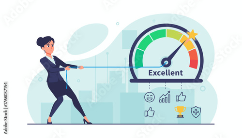 A determined businesswoman in a suit pulls a rope connected to a performance meter indicating 'Excellent' with a star at the top, symbolizing high achievement and positive customer feedback