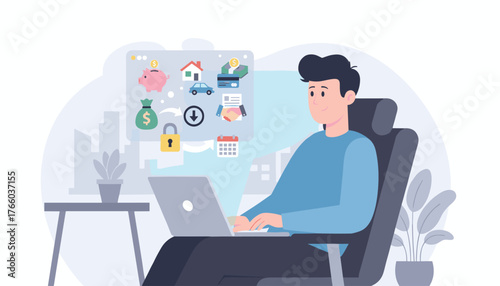 Young man working on laptop, planning personal finances, visualizing loan options, saving money, and securing investments with icons for piggy bank, house, car, credit card, handshake, lock