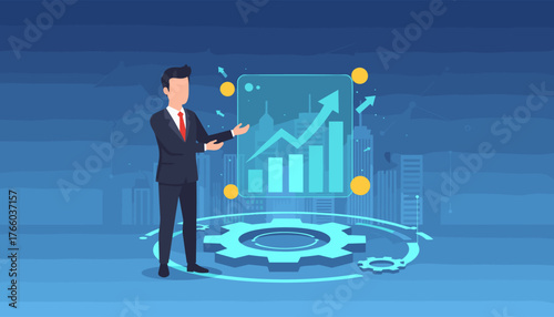 Businessman presenting a glowing digital interface displaying a rising stock market graph with upward arrows and gold coins, symbolizing financial growth and strategic planning against a backdrop of