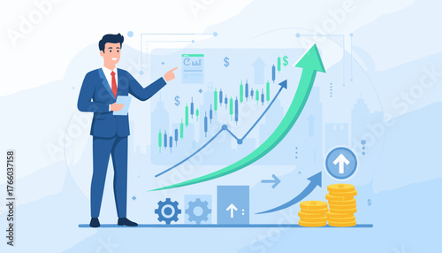 A businessman in a suit points to a rising stock market graph, symbolizing business growth and financial success, with stacks of coins and upward arrows indicating positive trends and investment