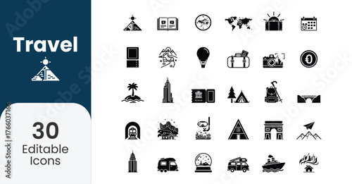 Collection of 30 editable travel and vacation icons on a dark blue background with the word travel