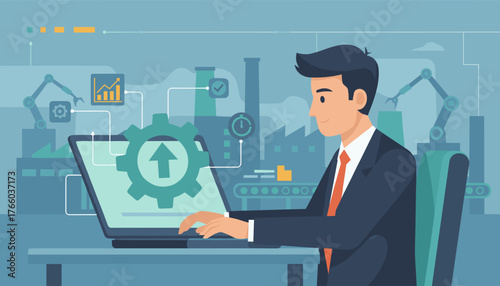 Modern business man in suit working on laptop, visualizing industrial automation and productivity growth with gears, charts, and robotic arms in a factory setting, symbolizing technological