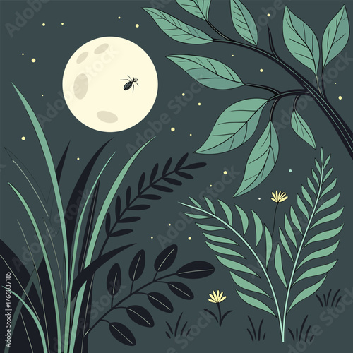 A solitary spider silhouetted against a large glowing full moon in a dark starry night sky surrounded by lush green foliage and delicate yellow wildflowers seamless background with leaves and flowers