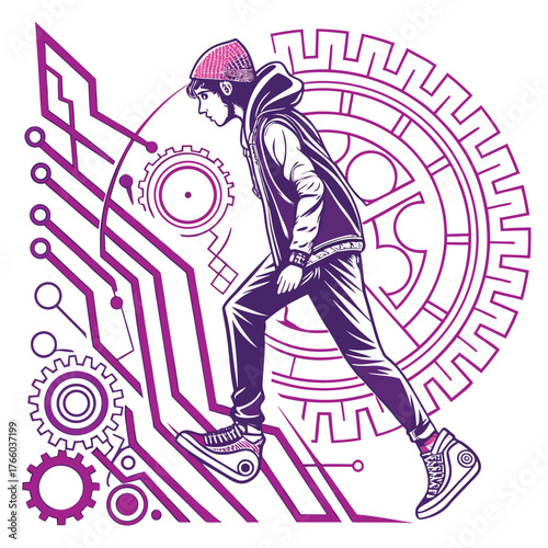 Stylized young man in a beanie and hoodie walking on a futuristic circuit board with gears and a circular emblem