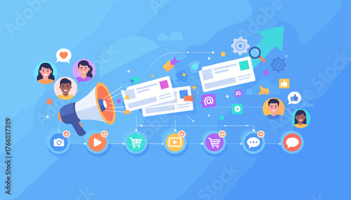 Digital marketing strategy illustration with a megaphone, social media icons, customer profiles, and an upward trending arrow symbolizing growth and optimization of online advertising campaigns