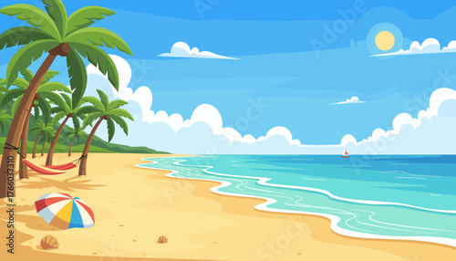 Vibrant and serene tropical beach scene with gentle turquoise waves lapping the golden sand, palm trees swaying, a colorful beach umbrella, shells, a hammock, and a sailboat on the horizon under a