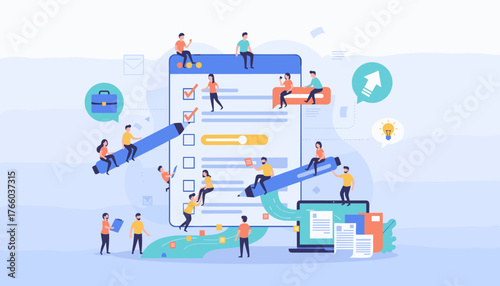 Modern concept of teamwork and collaboration for completing tasks and forms, with small people interacting with a giant checklist and pen, symbolizing project management and efficiency in business.