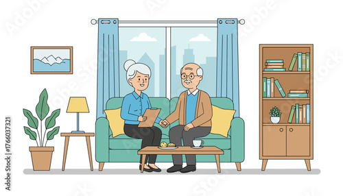 A friendly social worker meets with an elderly couple in their cozy living room, discussing important matters while sharing tea and cookies, symbolizing care and support for seniors.