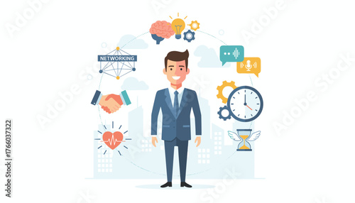 A smiling businessman in a suit stands at the center of a circular infographic illustrating key personal attributes and business concepts like networking, communication, time management, health, and