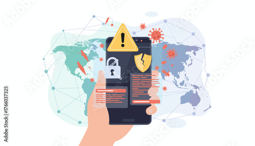 Global digital security threat: A hand holds a smartphone displaying a warning sign, a broken shield, and a locked padlock, surrounded by virus icons and network connections, symbolizing cybercrime