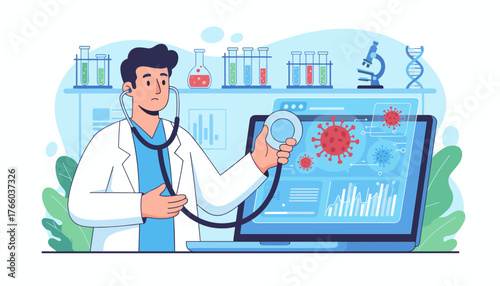Doctor analyzing coronavirus data on a laptop screen with a stethoscope, surrounded by laboratory equipment like test tubes, a microscope, and DNA helix, representing scientific research and medical