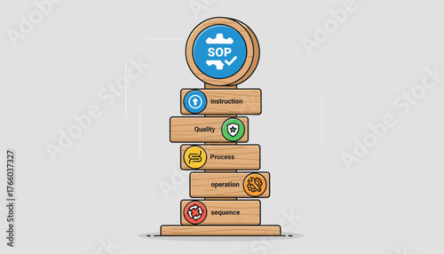 Standard Operating Procedure (SOP) concept illustration, visually representing key elements like instructions, quality assurance, process flow, operational efficiency, and sequential steps through