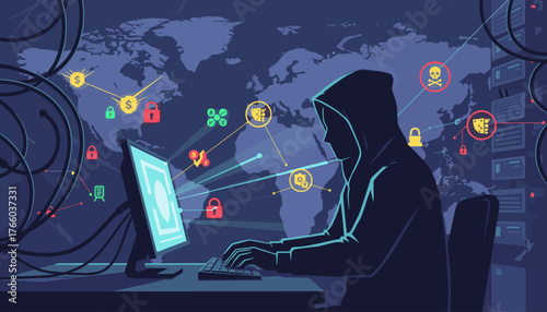 Silhouette of a hooded hacker at a computer, illuminated by the screen's glow, surrounded by digital data streams and icons representing cyber threats like locks, dollar signs, and a skull, set